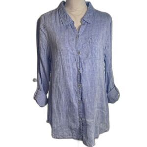 Jones NY Womens 100% Blue Linen Button Up Shirt Sz L Relaxed Fit Coastal Casual